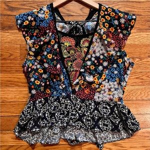 Bhanuni by Jyoti for Anthropologie Beaded Flutter Sleeve Boho Top Size L